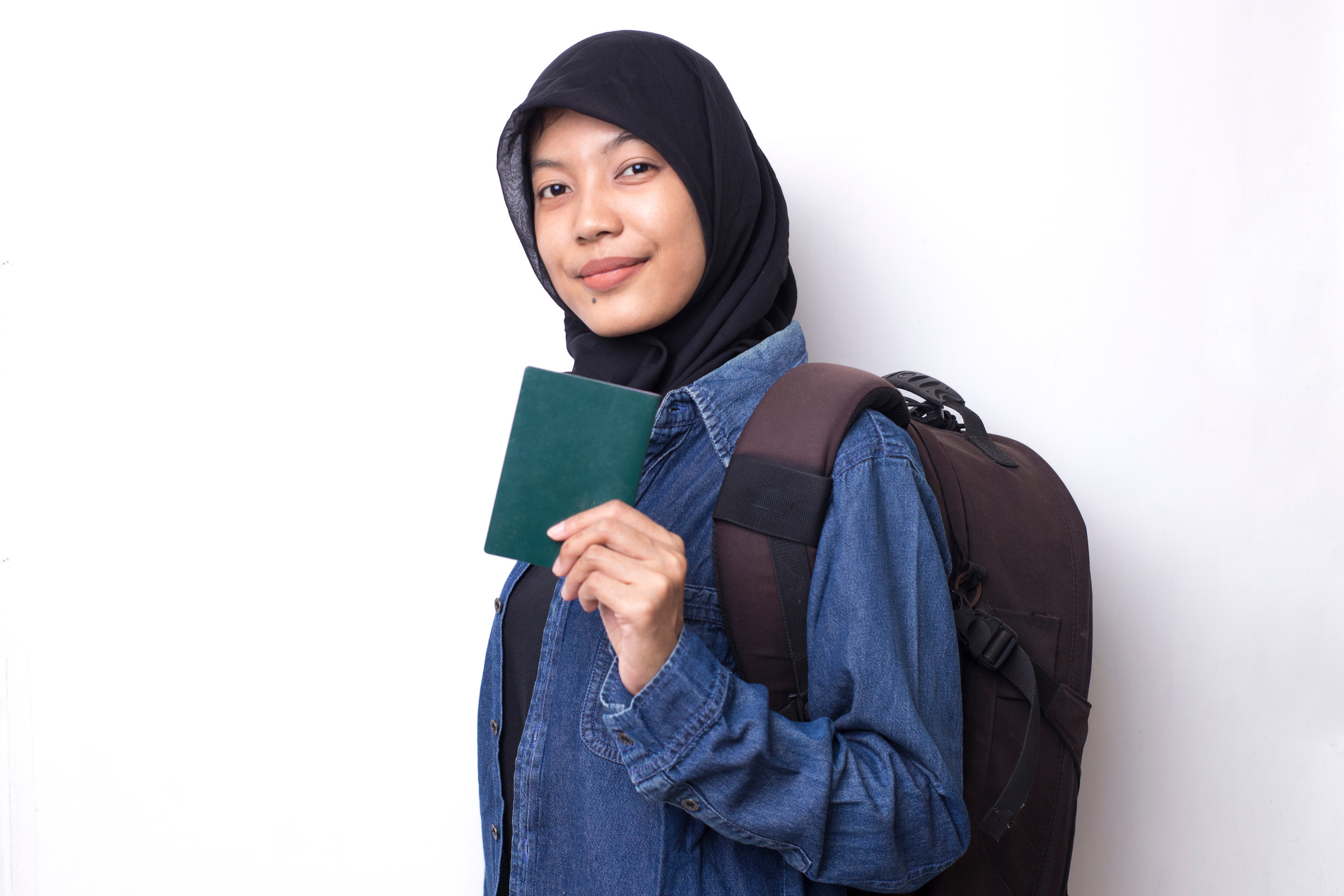 Asian Muslim Woman Hijab Backpacker Holding Passport Isolated On White Background