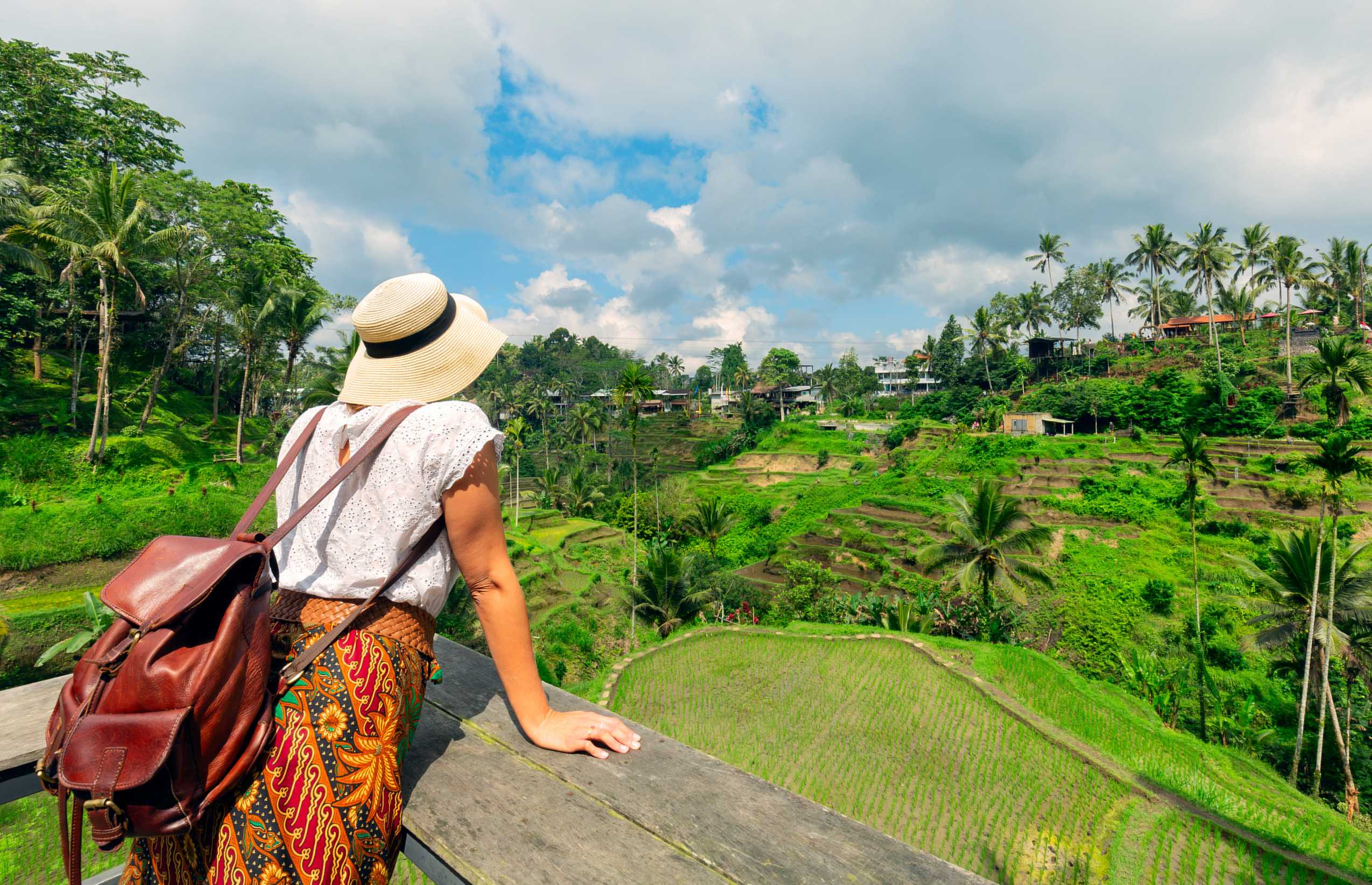 Young Girl With Hat Looking At The Ricefields Rice Terraces Famous Place Tegallalang Near Ubud